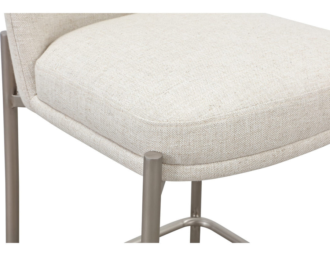 Dion Upholstered Counter Stool in Natural Light Linen and Brushed Nickel Metal — product view on a white background