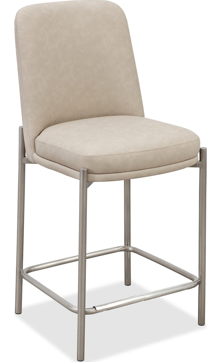 Dion Upholstered Counter Stool in Camel Synthetic Leather and Brushed Nickel Metal — product view on a white background