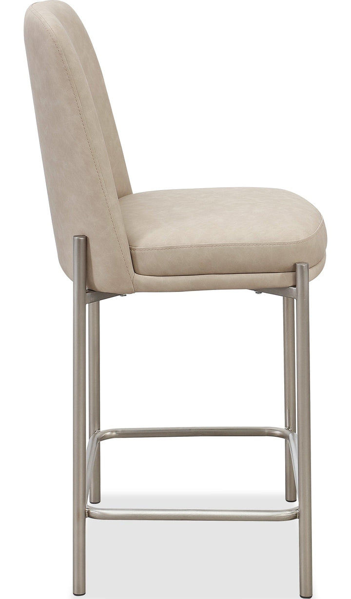 Dion Upholstered Counter Stool in Camel Synthetic Leather and Brushed Nickel Metal — product view on a white background