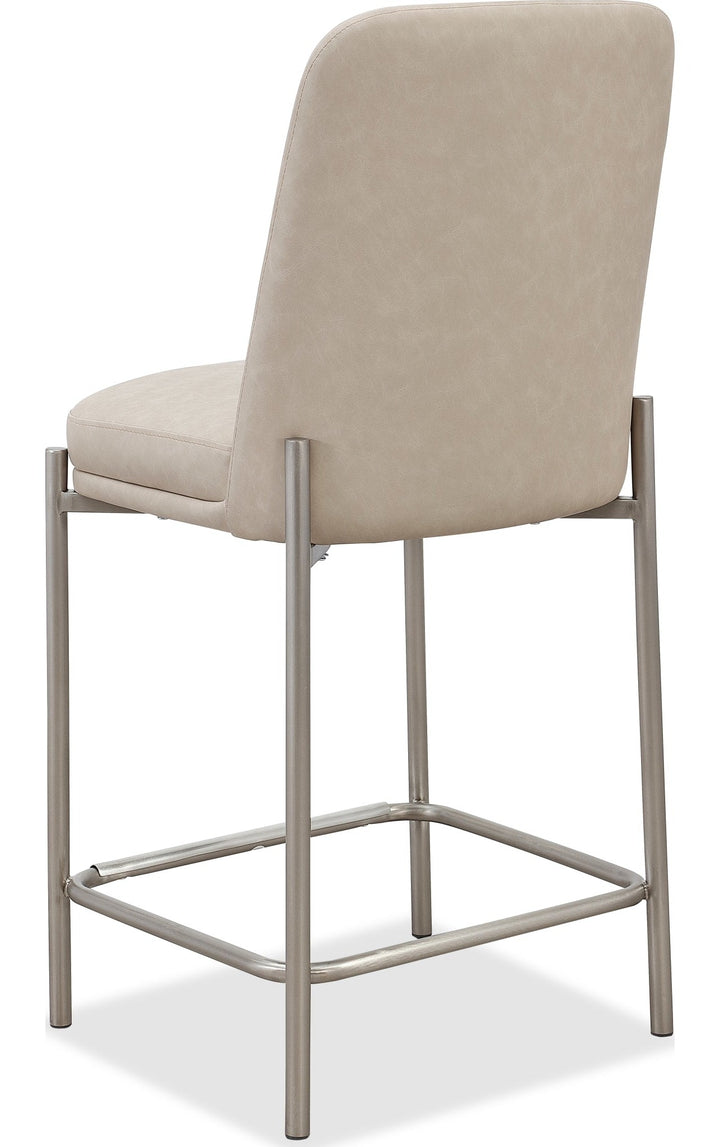 Dion Upholstered Counter Stool in Camel Synthetic Leather and Brushed Nickel Metal — product view on a white background