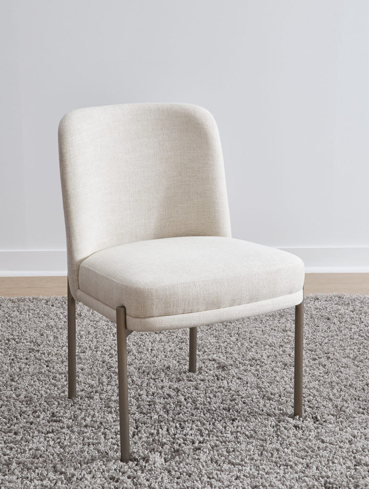 Dion Upholstered Dining Chair in Natural Light Linen and Brushed Nickel Metal — lifestyle photo