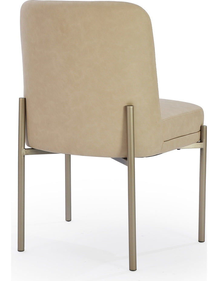 Dion Upholstered Dining Chair in Camel Synthetic Leather and Brushed Nickel Metal — product view on a white background