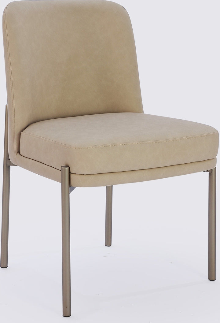 Dion Upholstered Dining Chair in Camel Synthetic Leather and Brushed Nickel Metal — lifestyle photo