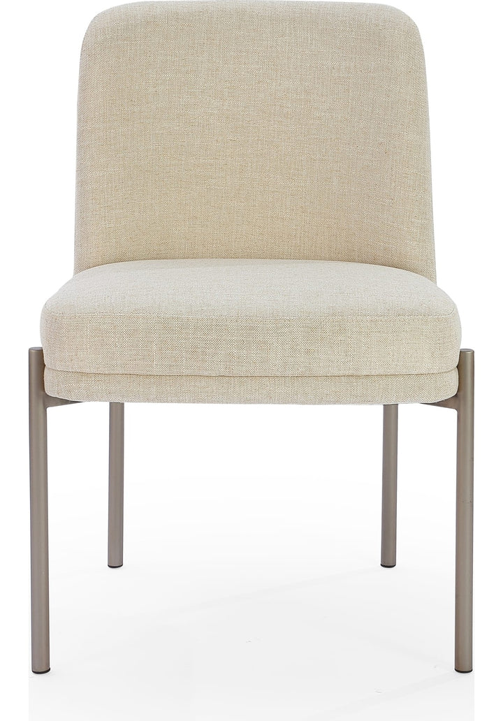 Dion Upholstered Dining Chair in Natural Light Linen and Brushed Nickel Metal — product view on a white background