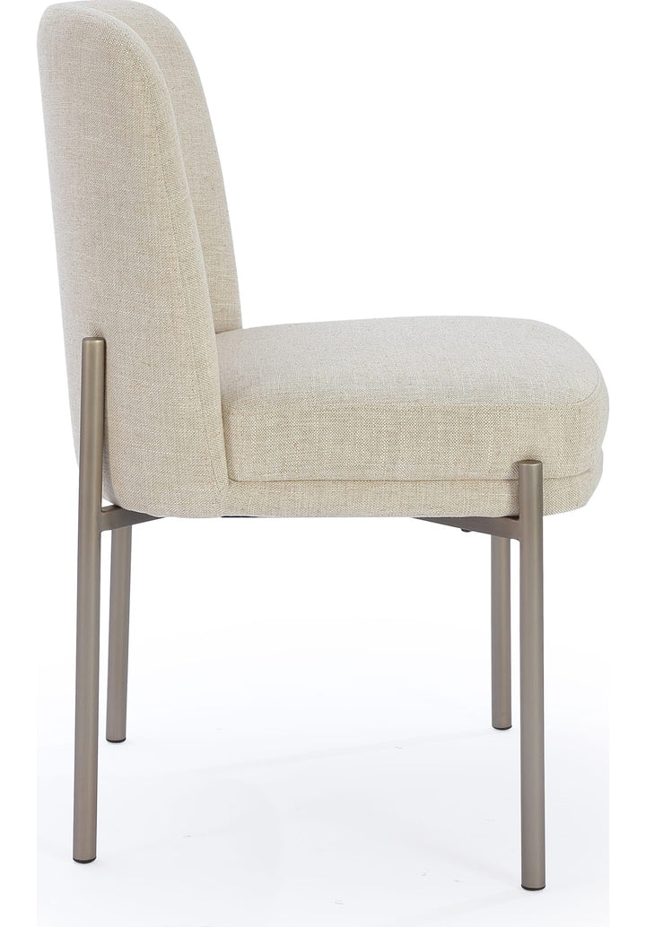Dion Upholstered Dining Chair in Natural Light Linen and Brushed Nickel Metal — product view on a white background