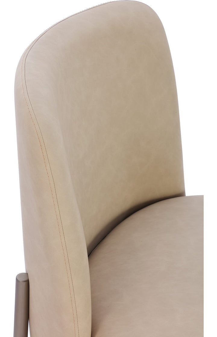Dion Upholstered Dining Chair in Camel Synthetic Leather and Brushed Nickel Metal — product view on a white background
