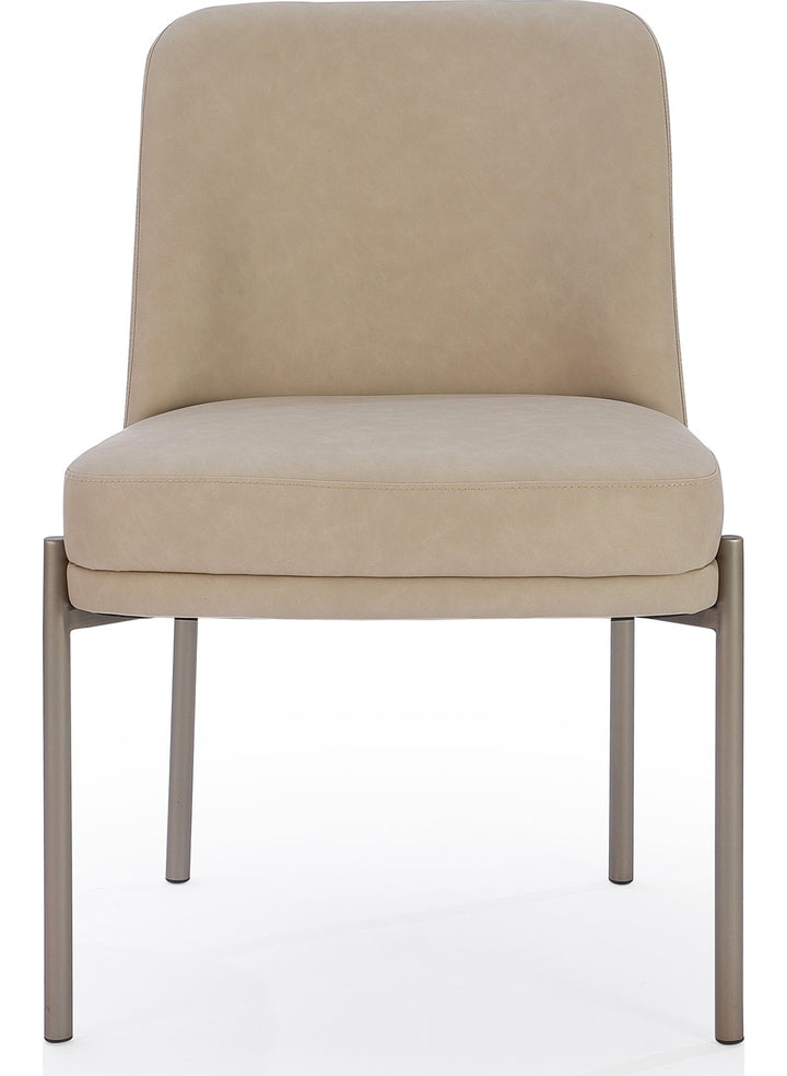 Dion Upholstered Dining Chair in Camel Synthetic Leather and Brushed Nickel Metal — product view on a white background