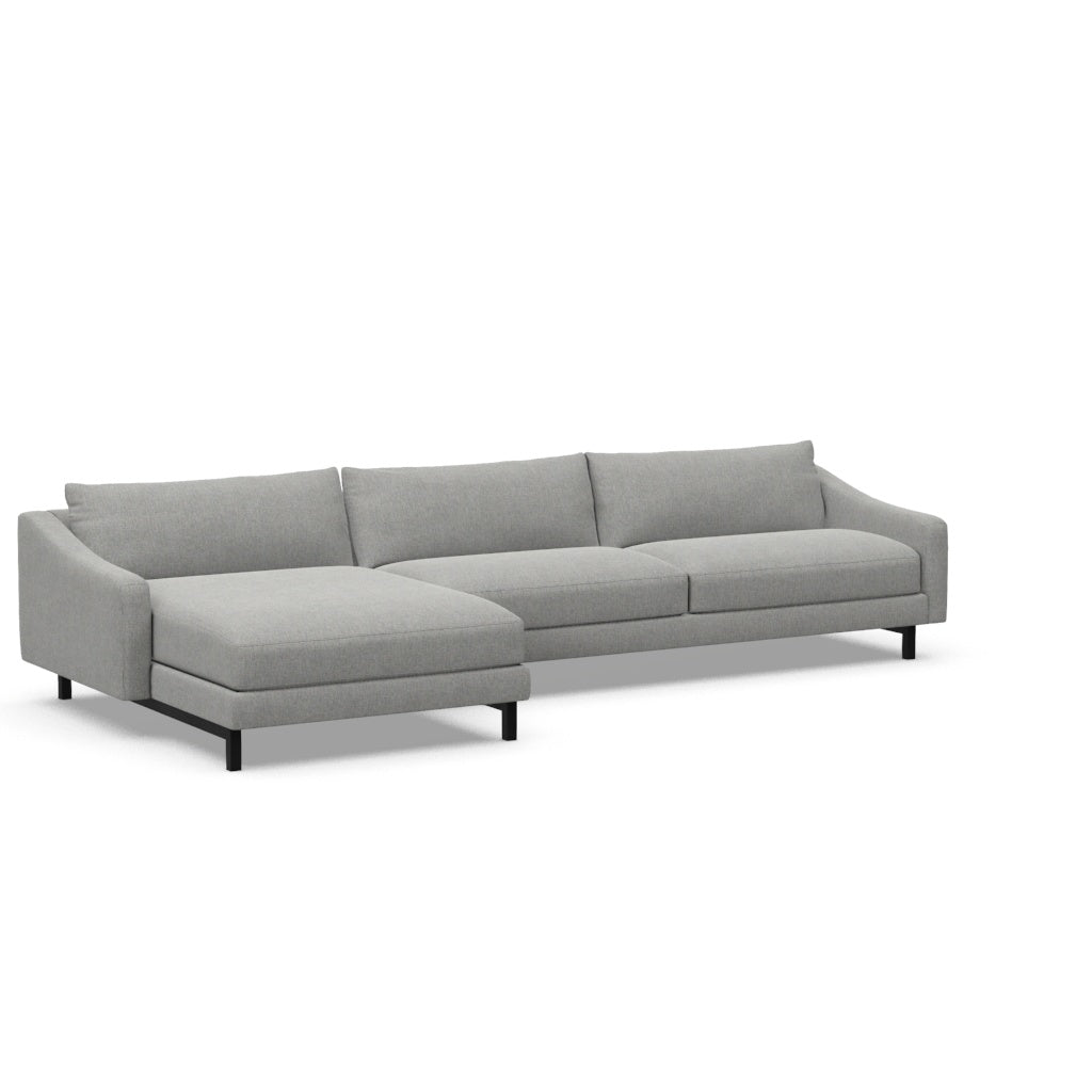 Doran Sectional by American Leather — complete two-piece chaise-left layout when facing the seating, DRN-SO2-LA + DRN-SCH-RA, approximately 125 × 64 inches. Official manufacturer configurator render; upholstery shown for illustration.