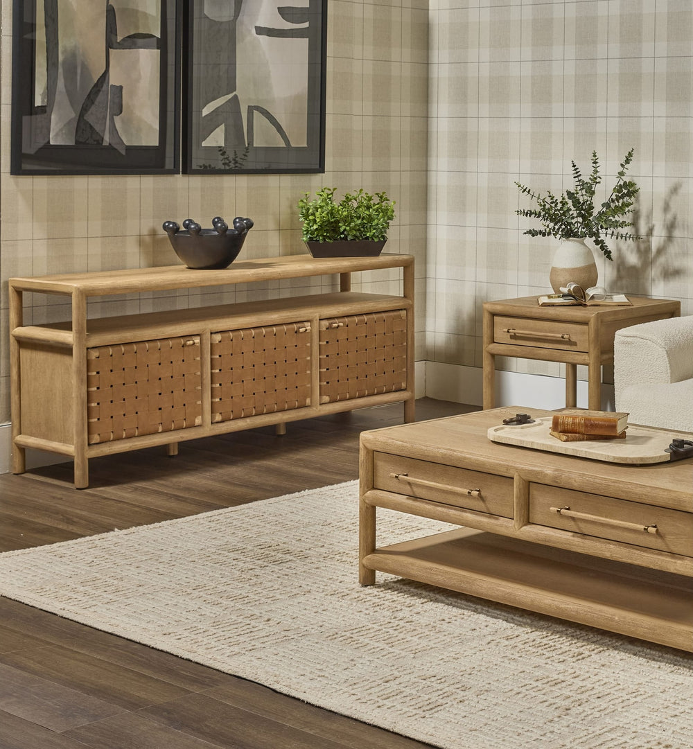 Dorsey 72" Woven Entertainment Console in Granola — lifestyle photo