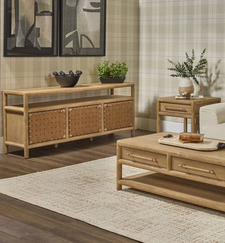Dorsey 72" Woven Entertainment Console in Granola — lifestyle photo