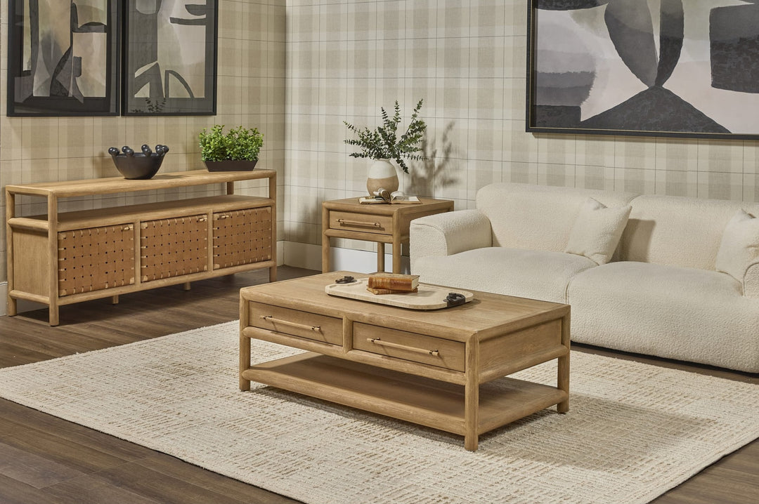 Dorsey 72" Woven Entertainment Console in Granola — lifestyle photo