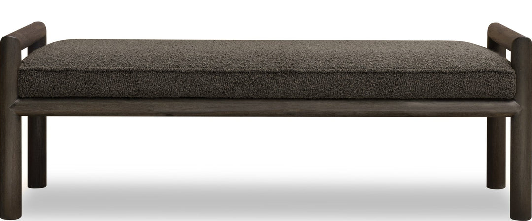 Dorsey Boucle Upholstered Wooden Bench in Basalt Grey and Pumpernickel — white background, front view