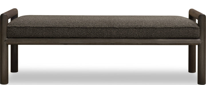 Dorsey Boucle Upholstered Wooden Bench in Basalt Grey and Pumpernickel — white background, front view
