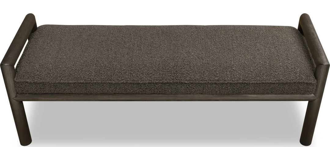 Dorsey Boucle Upholstered Wooden Bench in Basalt Grey and Pumpernickel — elevated angled view