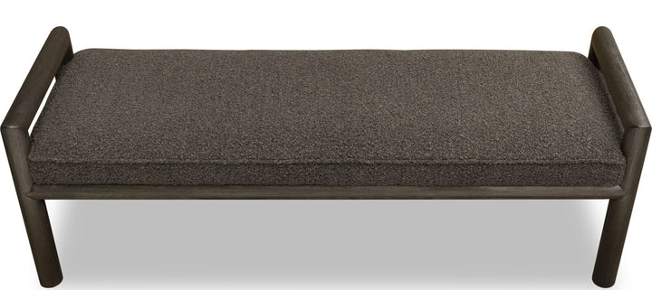 Dorsey Boucle Upholstered Wooden Bench in Basalt Grey and Pumpernickel — elevated angled view