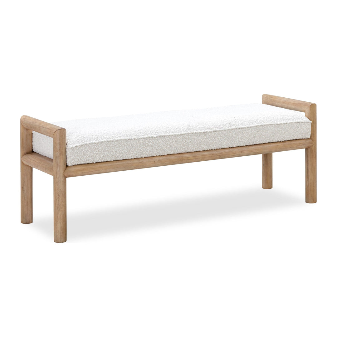 Dorsey Boucle Upholstered Wooden Bench by Modus in Granola and Ricotta boucle — white background, angled view