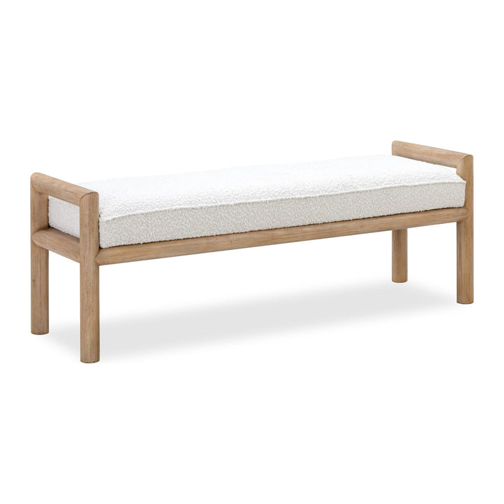 Dorsey Boucle Upholstered Wooden Bench by Modus in Granola and Ricotta boucle — white background, angled view