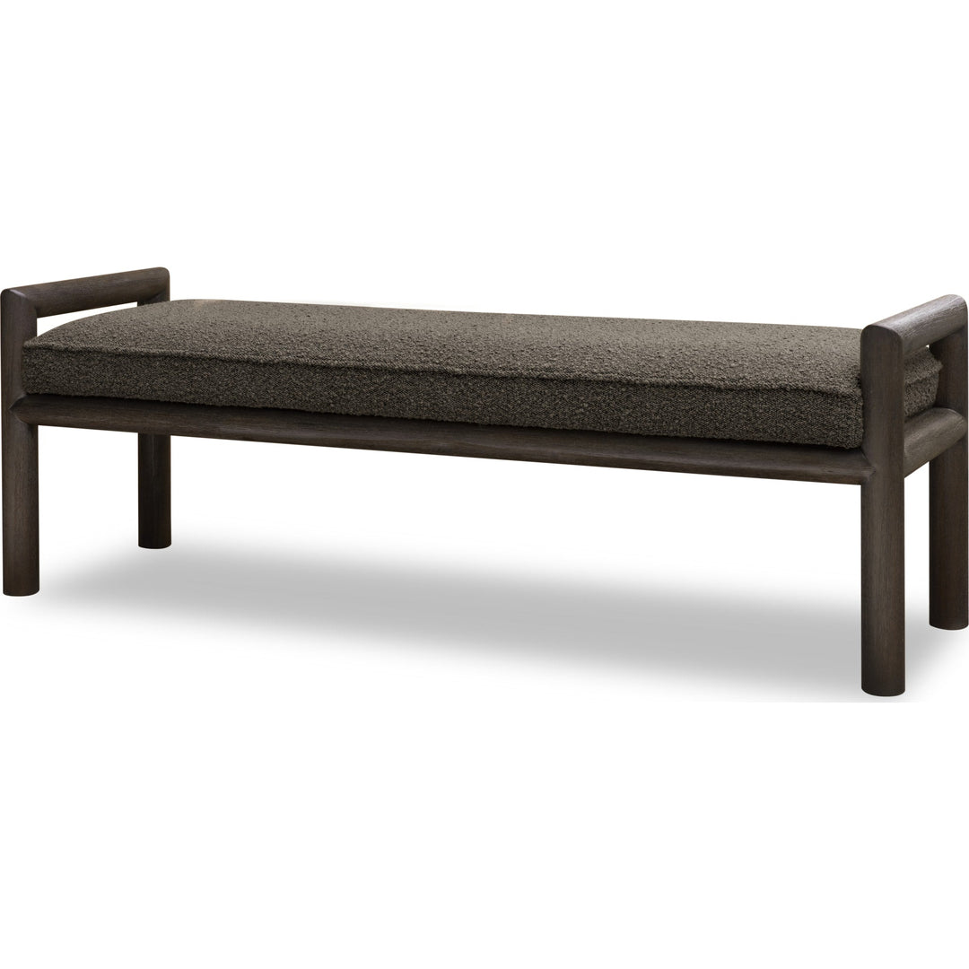 Dorsey Boucle Upholstered Wooden Bench in Basalt Grey and Pumpernickel boucle — white background, angled view