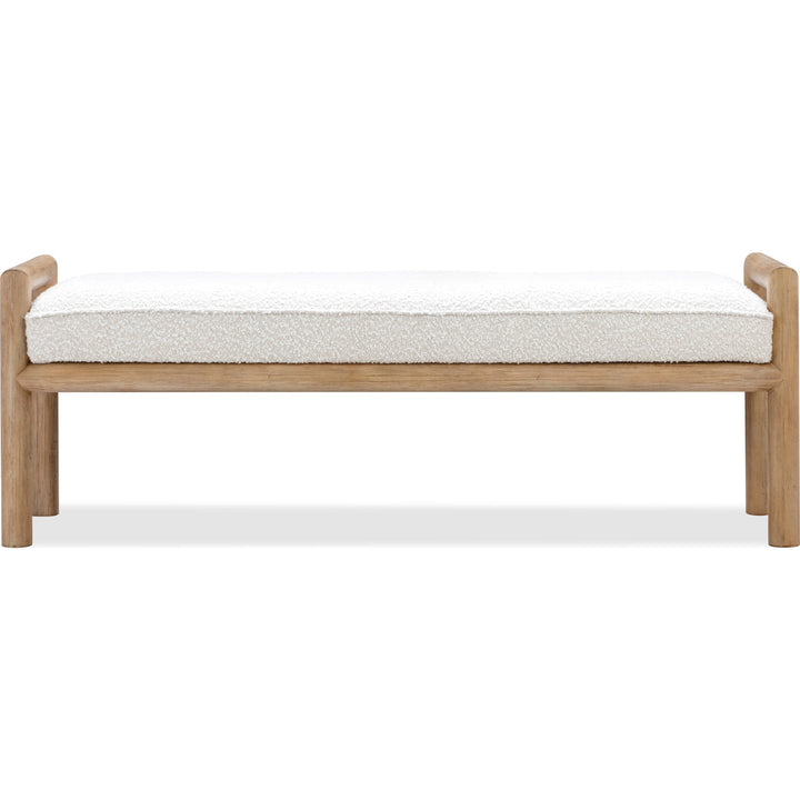 Dorsey Boucle Upholstered Wooden Bench in Granola and Ricotta — white background, front view