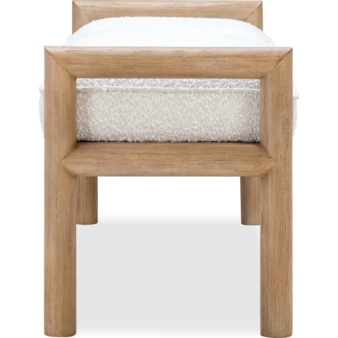Dorsey Boucle Upholstered Wooden Bench in Granola and Ricotta — side view showing rounded posts and low arm