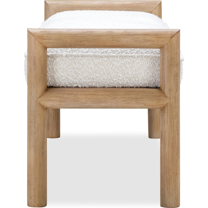 Dorsey Boucle Upholstered Wooden Bench in Granola and Ricotta — side view showing rounded posts and low arm