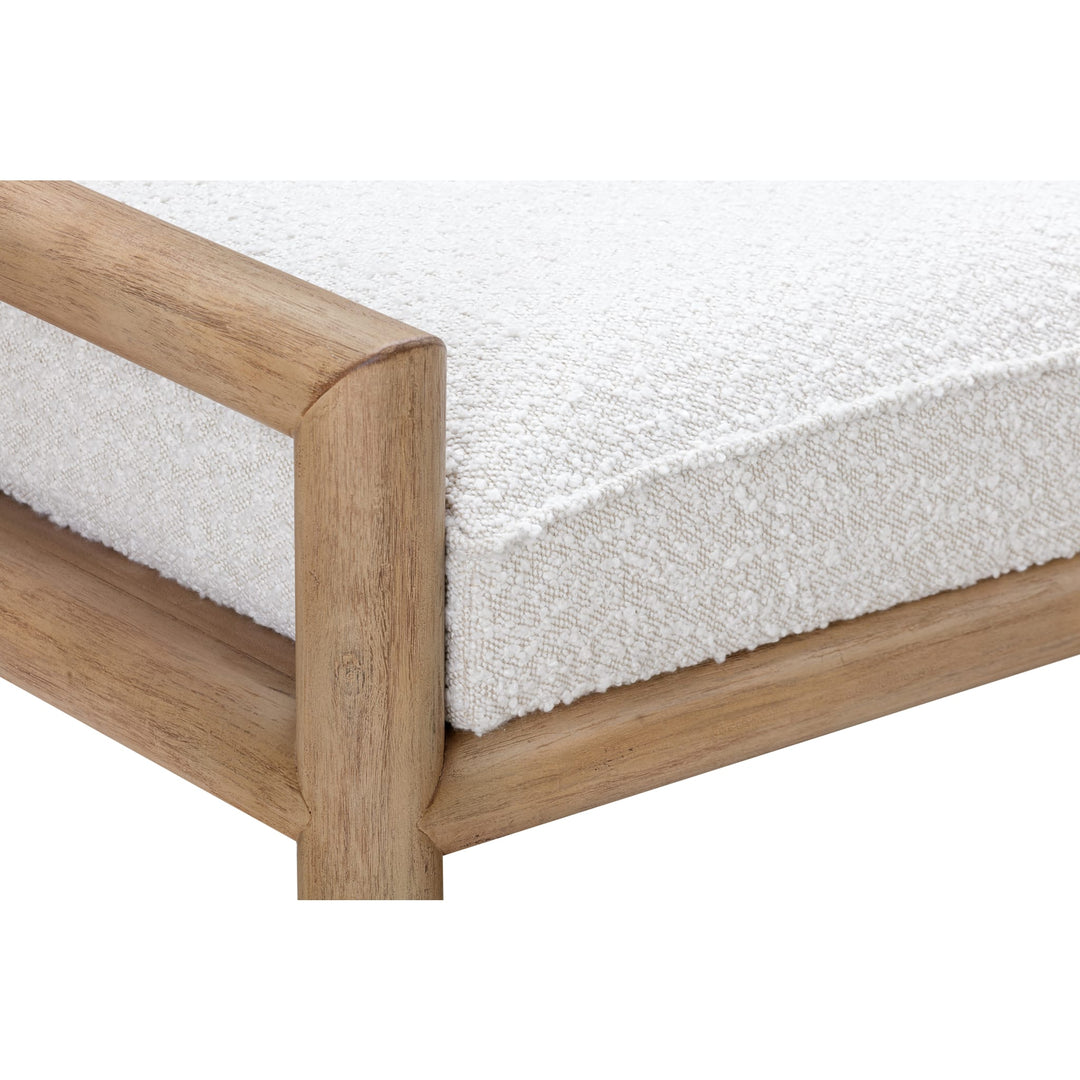 Dorsey Boucle Upholstered Wooden Bench — close-up of the Ricotta boucle cushion and acacia arm