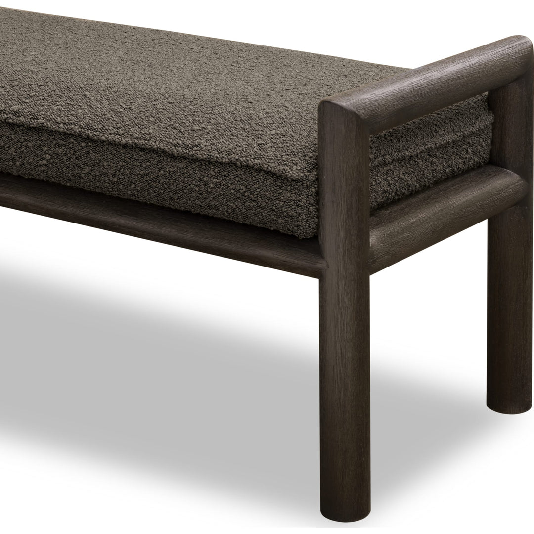Dorsey Boucle Upholstered Wooden Bench — close-up of the Pumpernickel boucle cushion and arm