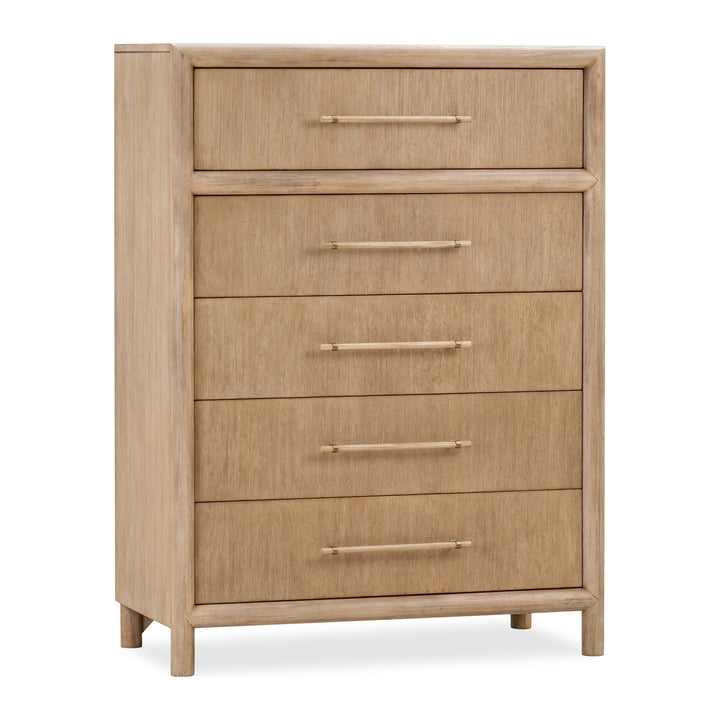 Dorsey Five Drawer Chest by Modus in Granola — white background, angled view