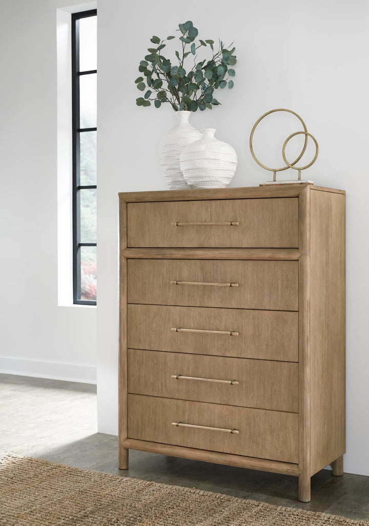 Dorsey Five Drawer Chest in Granola styled in a bright bedroom