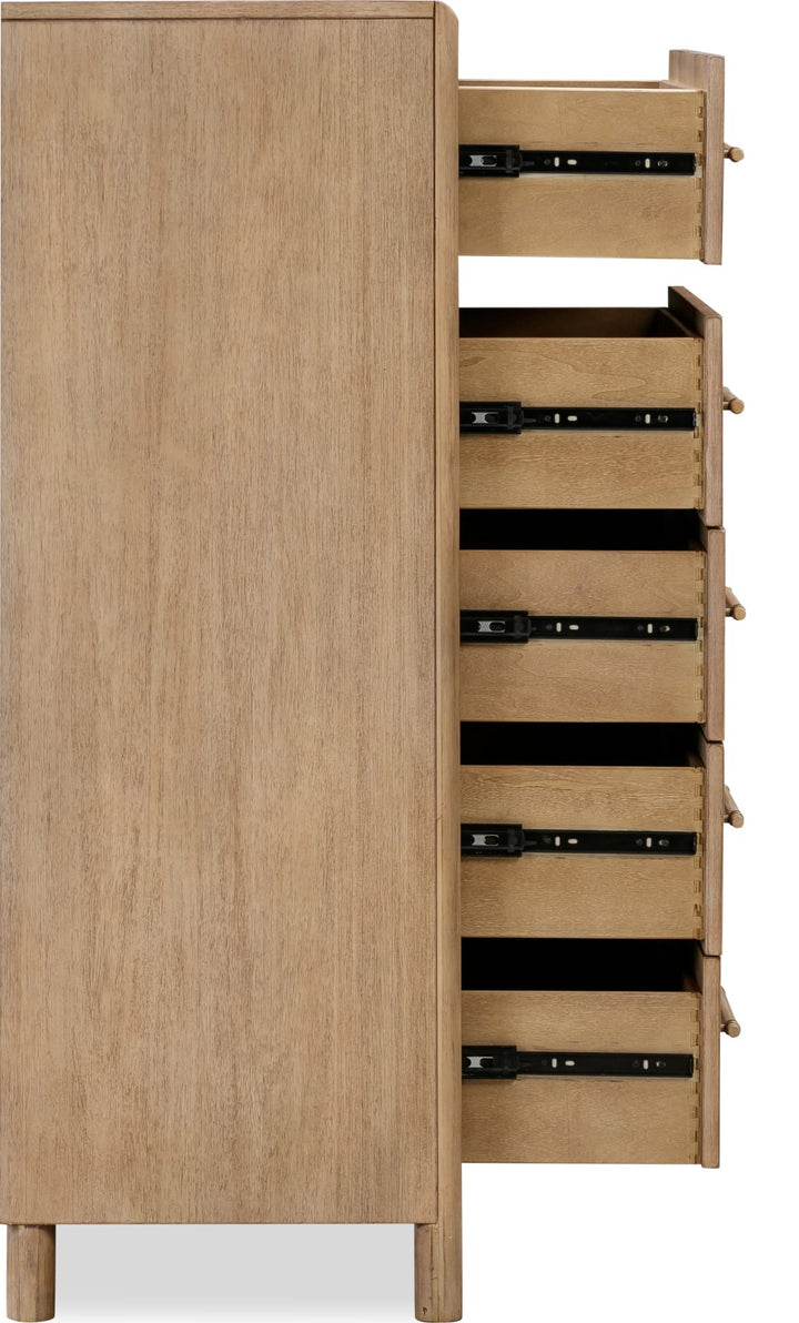 Dorsey Five Drawer Chest in Granola — side view with drawers open showing full-extension slides