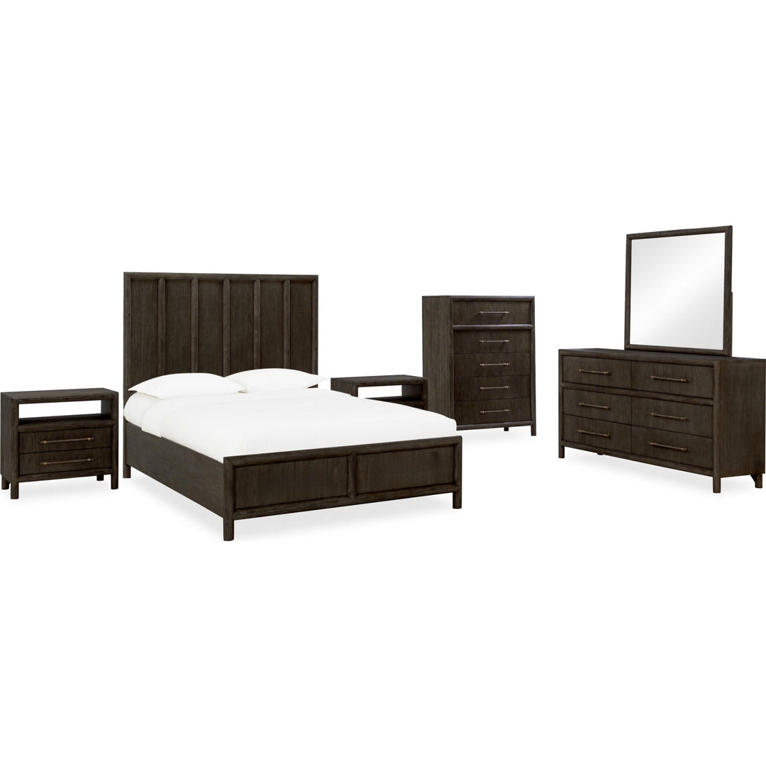 Dorsey Five Drawer Chest in Basalt Grey shown with the Dorsey bedroom group — white background