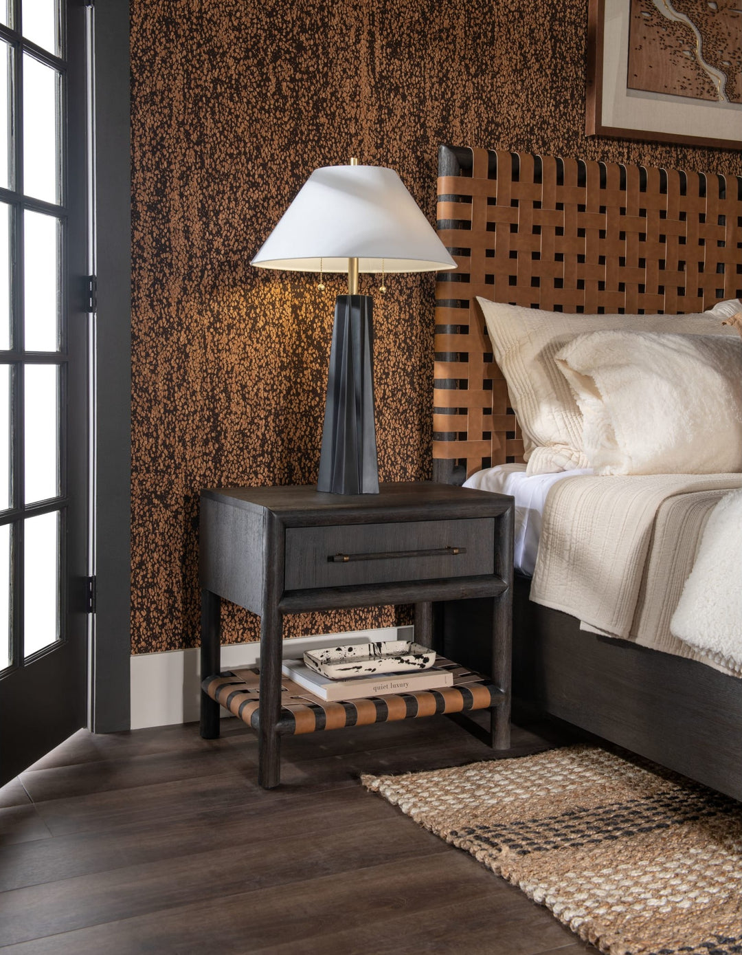 Dorsey One Drawer USB-Charging Nightstand in Basalt Grey styled at the bedside
