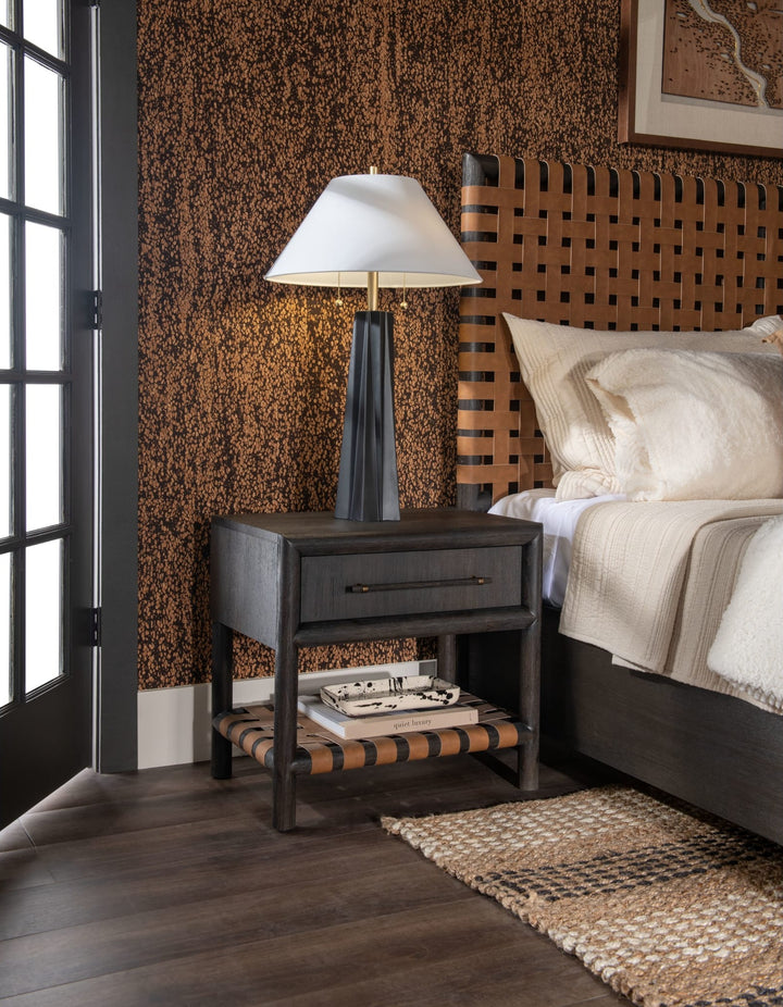 Dorsey One Drawer USB-Charging Nightstand in Basalt Grey styled at the bedside