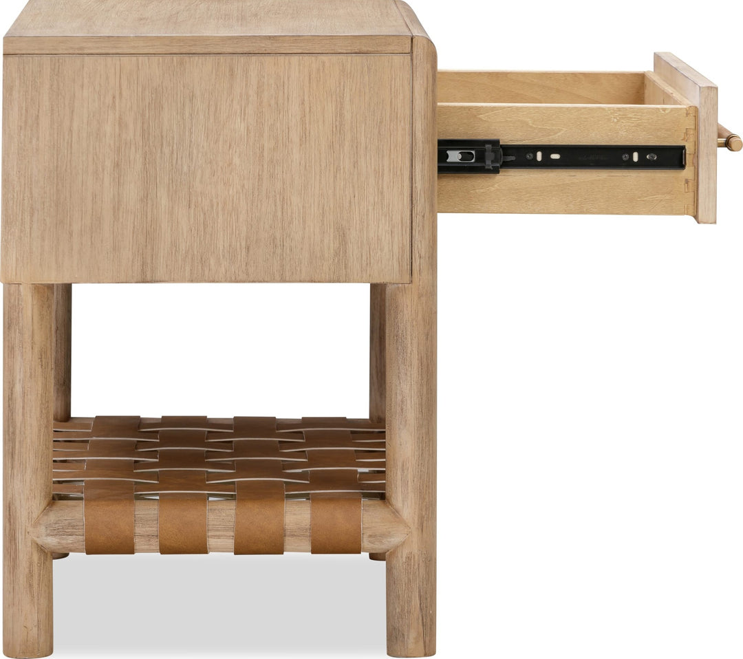 Dorsey One Drawer USB-Charging Nightstand in Granola — side view with drawer open