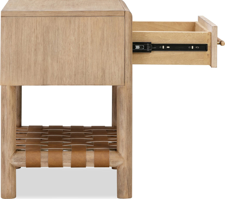 Dorsey One Drawer USB-Charging Nightstand in Granola — side view with drawer open