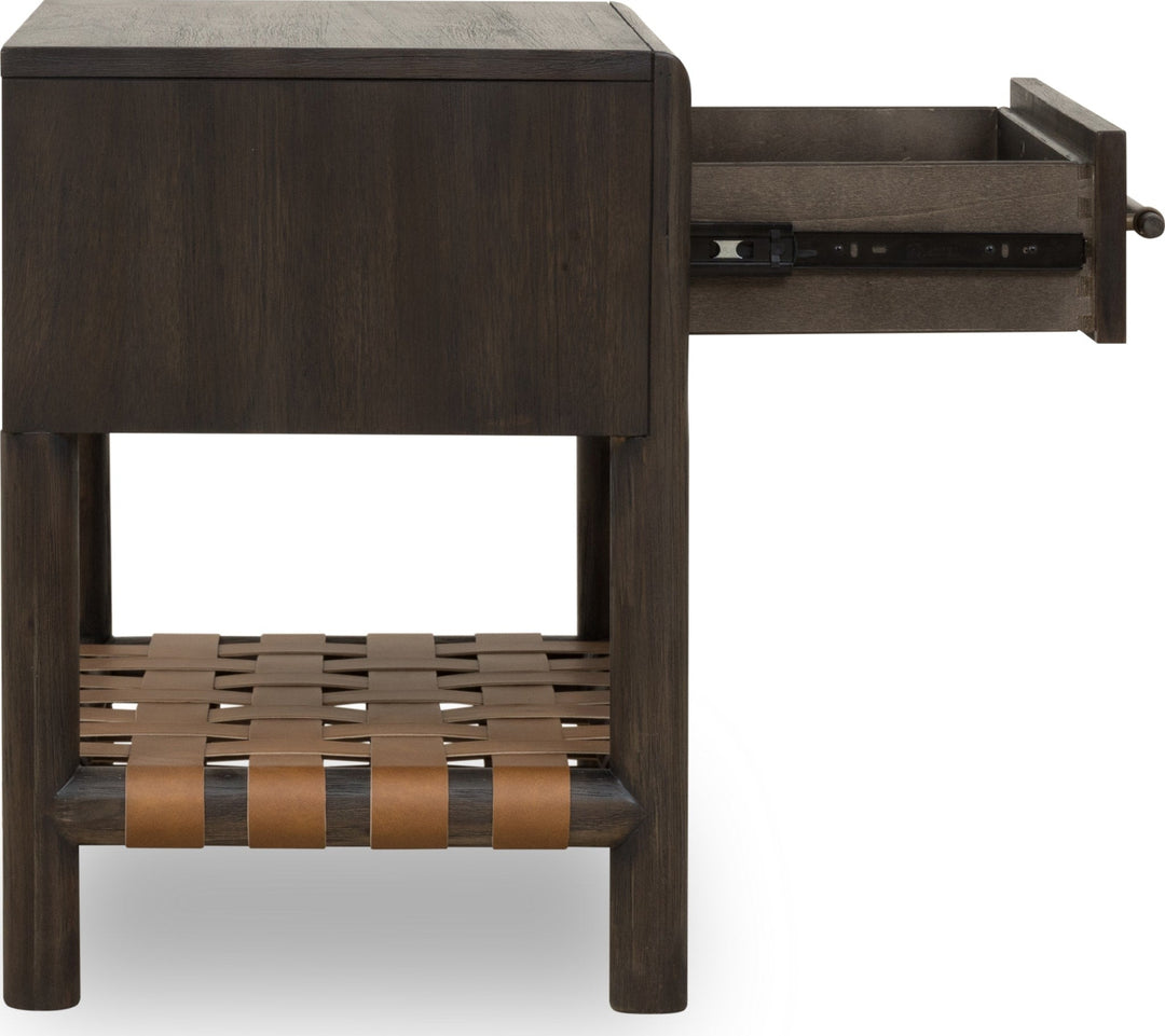 Dorsey One Drawer USB-Charging Nightstand in Basalt Grey — side view with drawer open