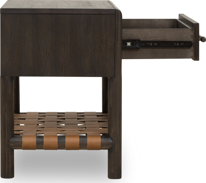 Dorsey One Drawer USB-Charging Nightstand in Basalt Grey — side view with drawer open