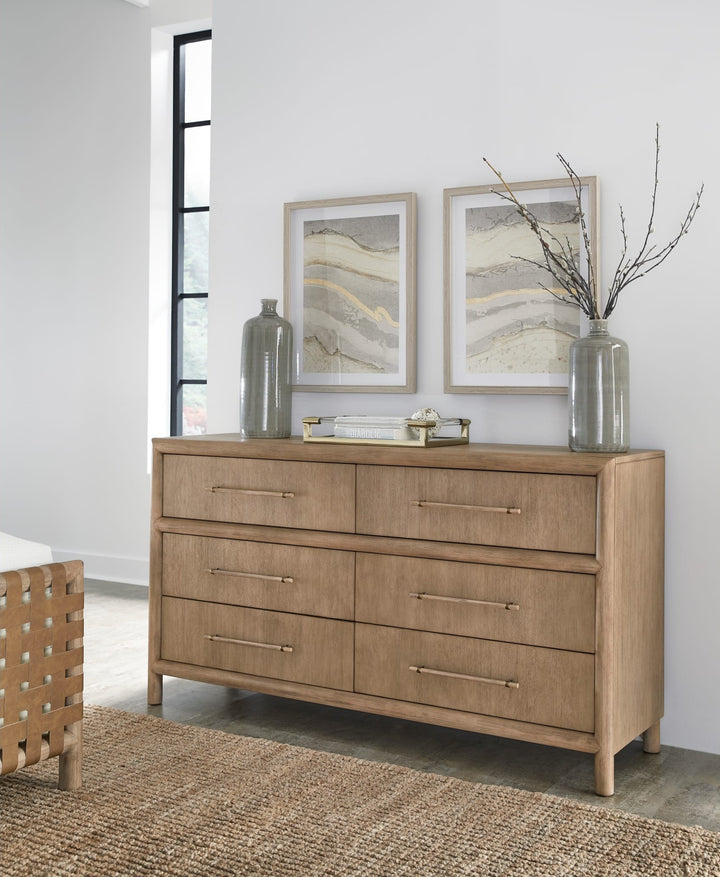 Dorsey Six Drawer Dresser in Granola styled in a bright bedroom