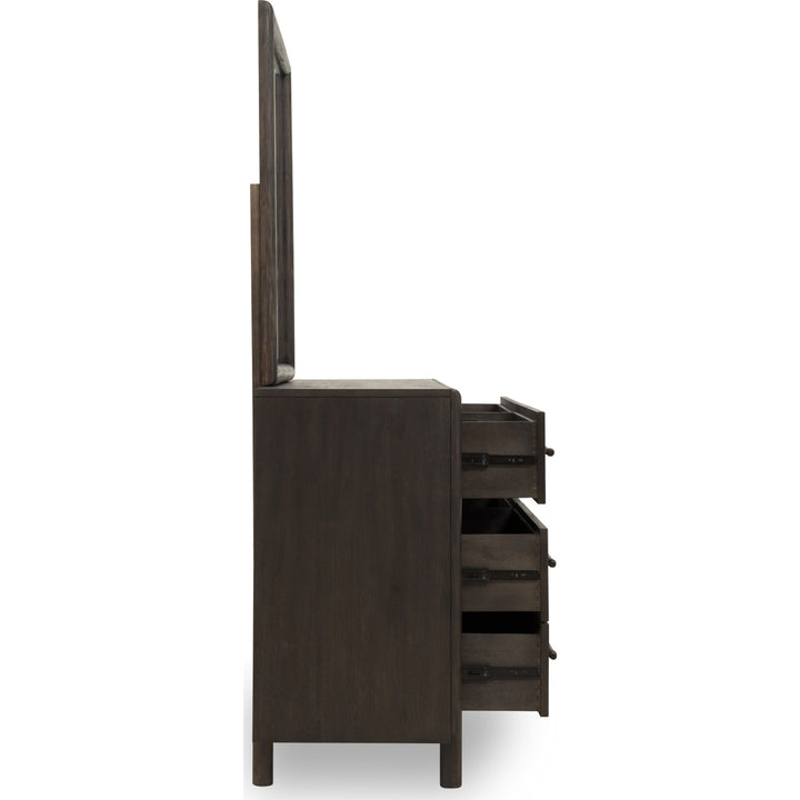 Dorsey Six Drawer Dresser in Basalt Grey — side view with drawers open