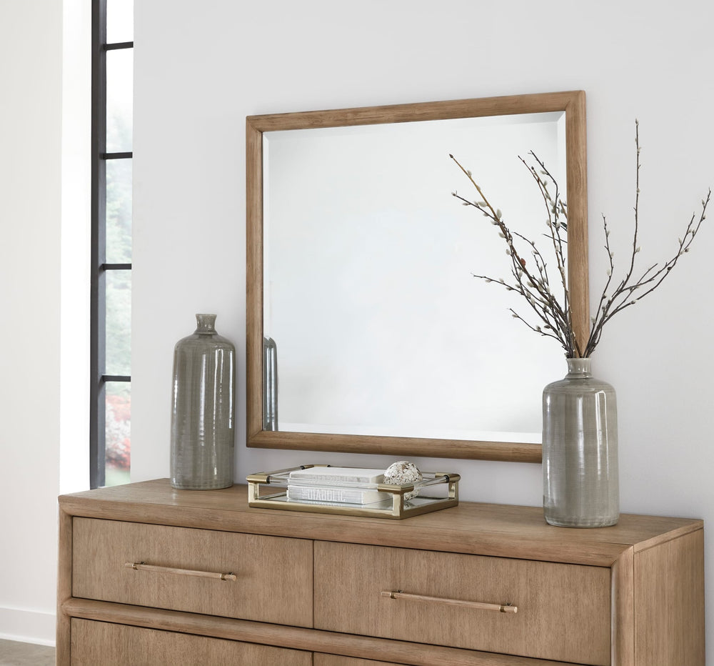 Dorsey Solid Wood and Glass Mirror in Granola mounted above the Dorsey dresser (sold separately)