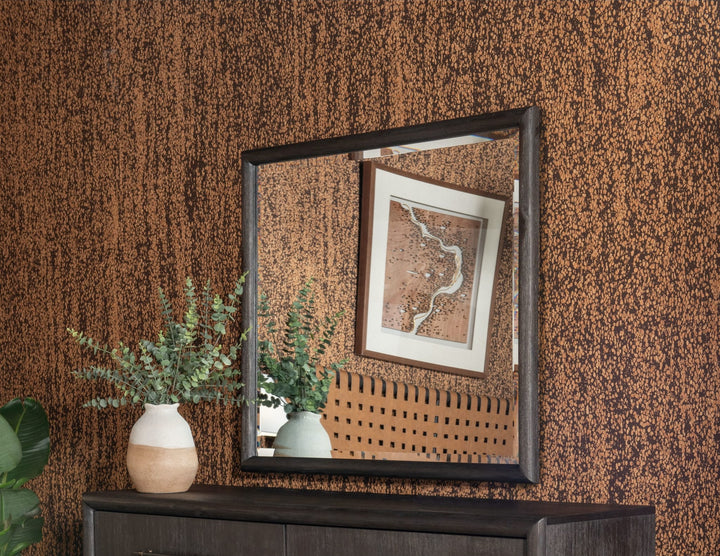 Dorsey Solid Wood and Glass Mirror in Basalt Grey mounted above the Dorsey dresser (sold separately)