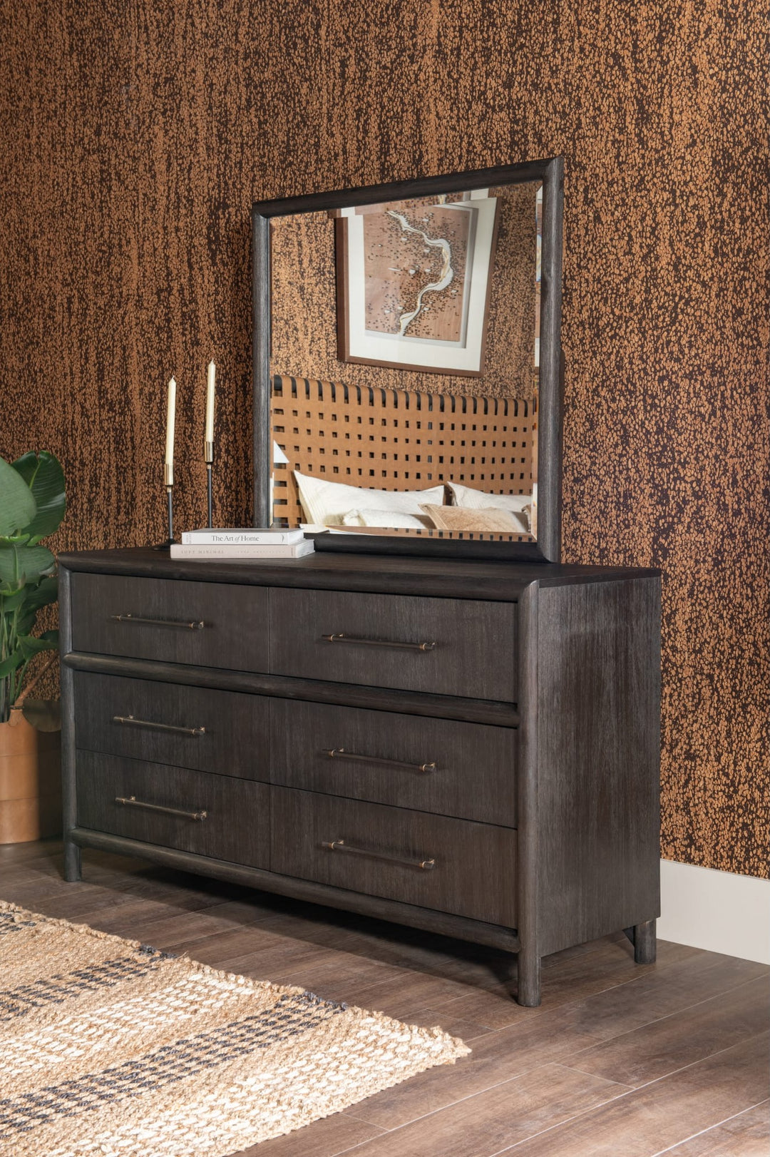 Dorsey Solid Wood and Glass Mirror in Basalt Grey on the Dorsey dresser (sold separately) — alternate styling