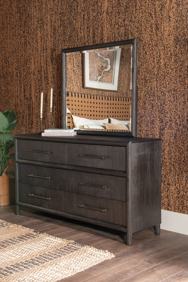 Dorsey Solid Wood and Glass Mirror in Basalt Grey on the Dorsey dresser (sold separately) — alternate styling