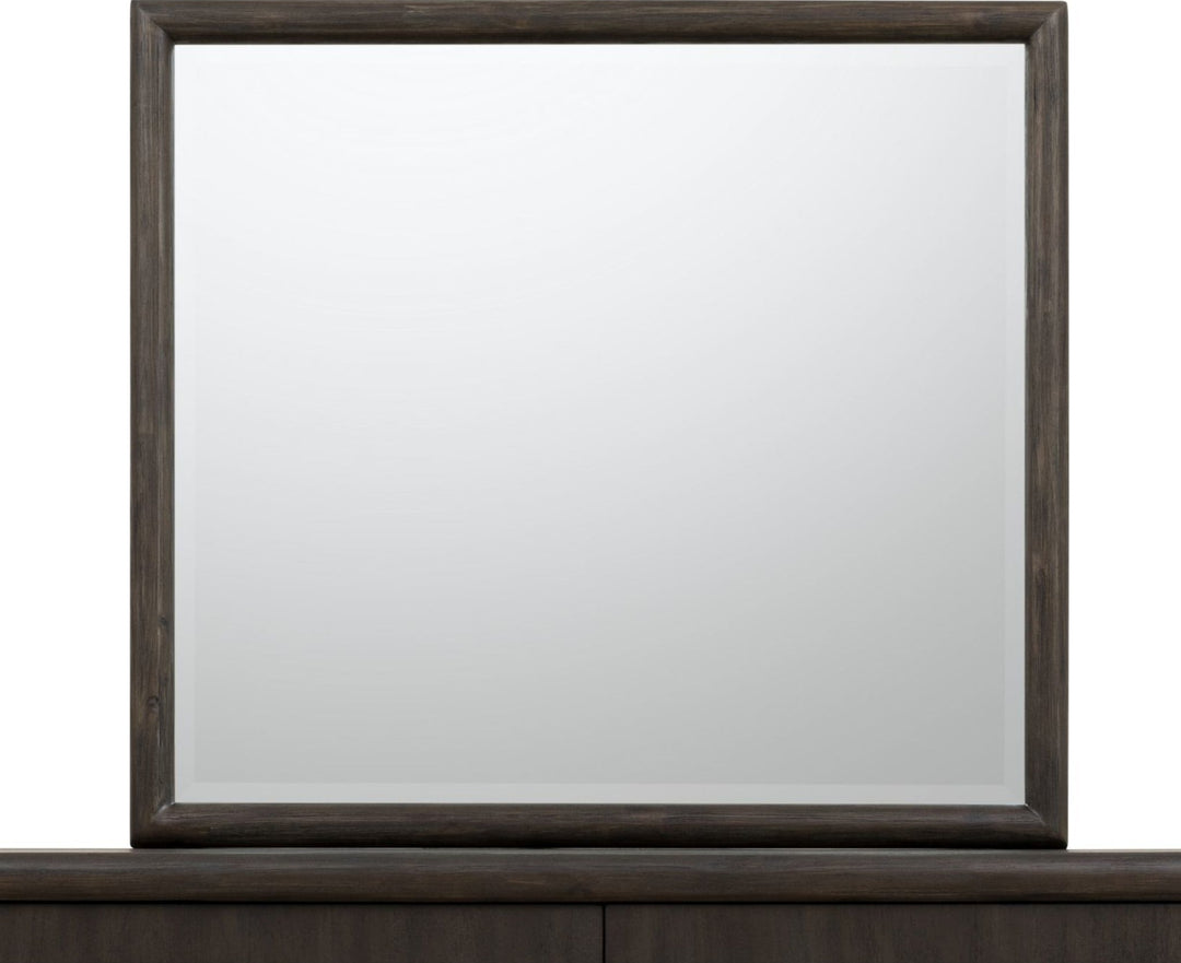 Dorsey Solid Wood and Glass Mirror in Basalt Grey — white background, front view on dresser top