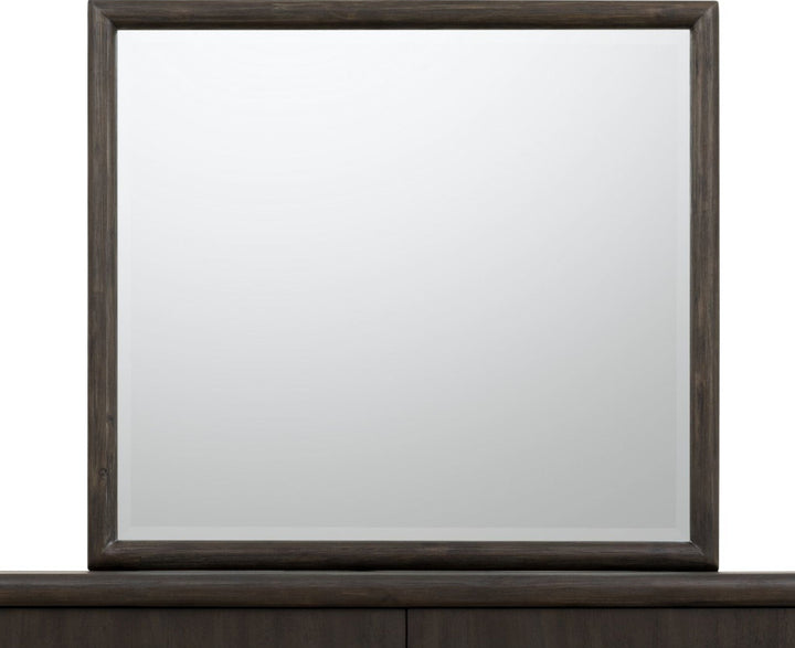 Dorsey Solid Wood and Glass Mirror in Basalt Grey — white background, front view on dresser top