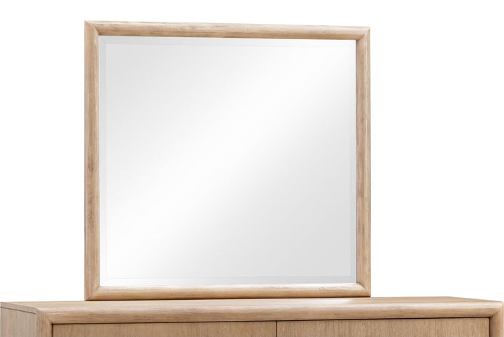 Dorsey Solid Wood and Glass Mirror in Granola — front view on dresser top