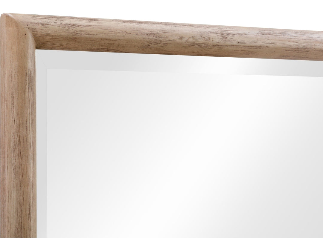 Dorsey Solid Wood and Glass Mirror — detail of the rounded acacia frame and beveled glass