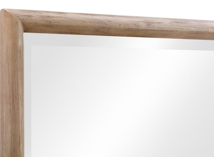 Dorsey Solid Wood and Glass Mirror — detail of the rounded acacia frame and beveled glass