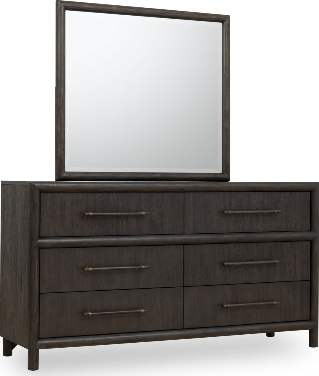 Dorsey Solid Wood and Glass Mirror in Basalt Grey on the Dorsey dresser (sold separately) — angled view