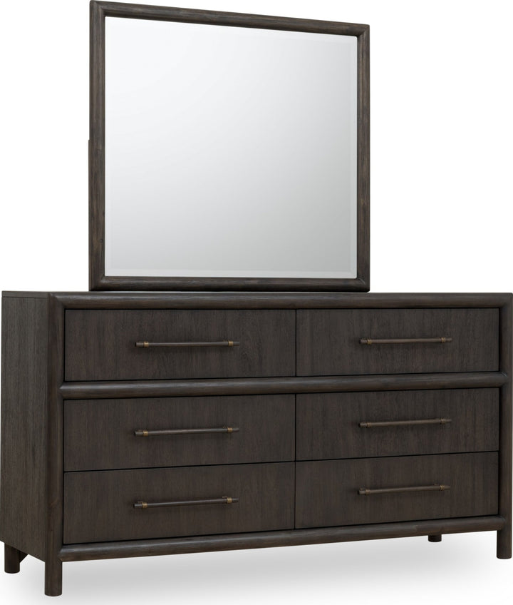 Dorsey Solid Wood and Glass Mirror in Basalt Grey on the Dorsey dresser (sold separately) — angled view